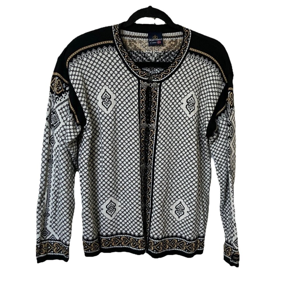 Skjaeveland Cardigan‎ Womens S Cotton Nordic Fair Isle Knit Blue Sweater